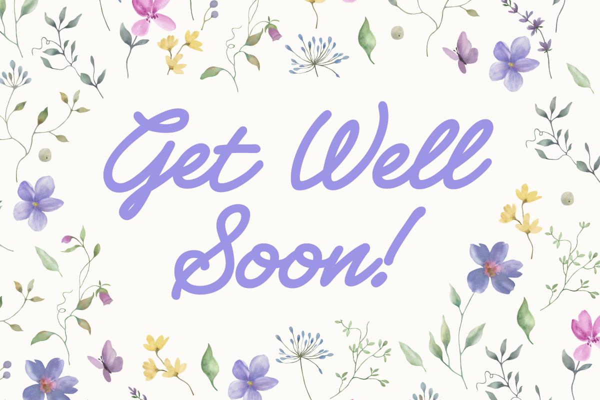 Get well card with purple background and illustrated flowers